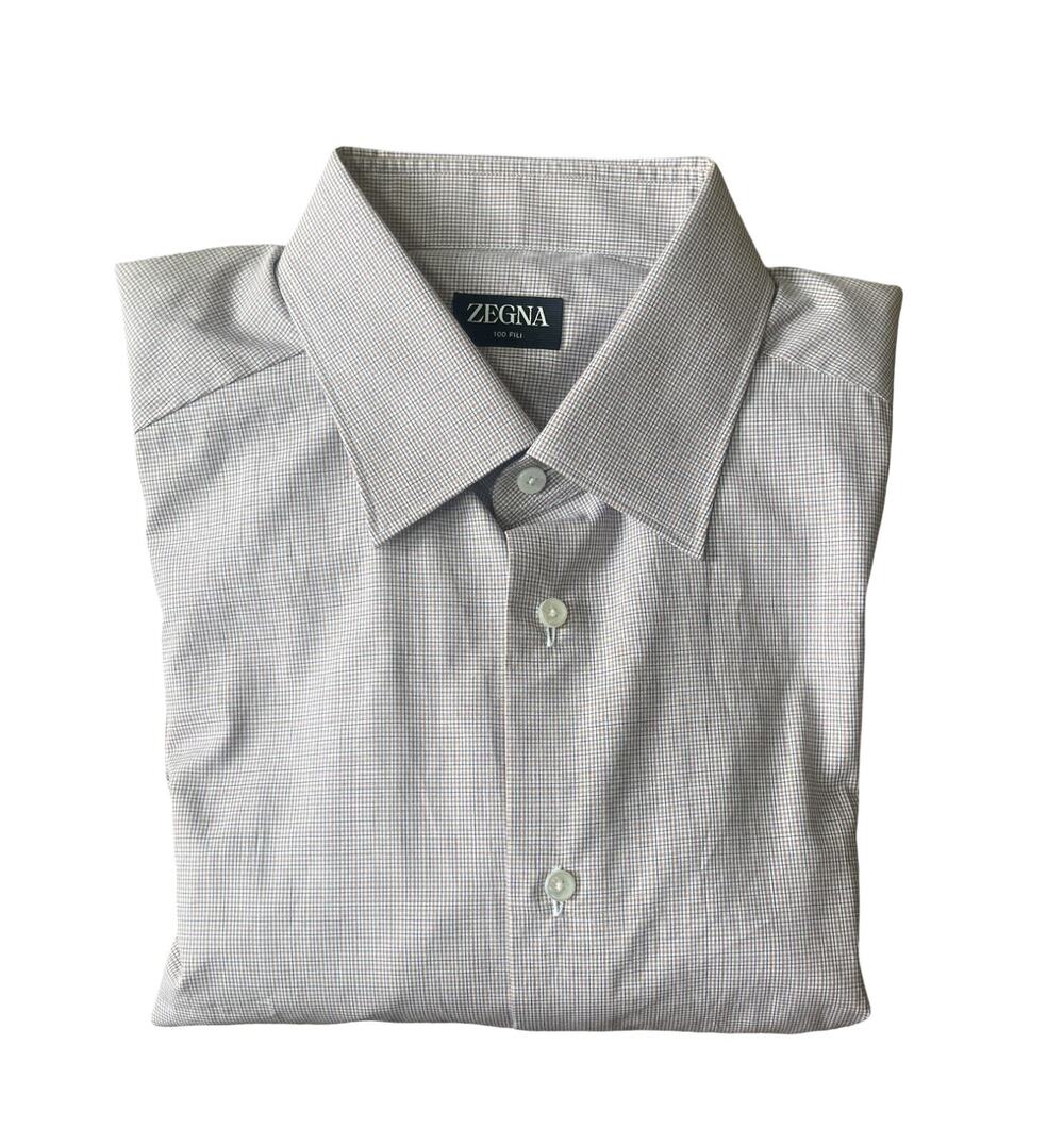 $625 NWT Eremengildo Zegna 100 Fili Window Pane Beige Cotton Dress Shirt 16.5/42